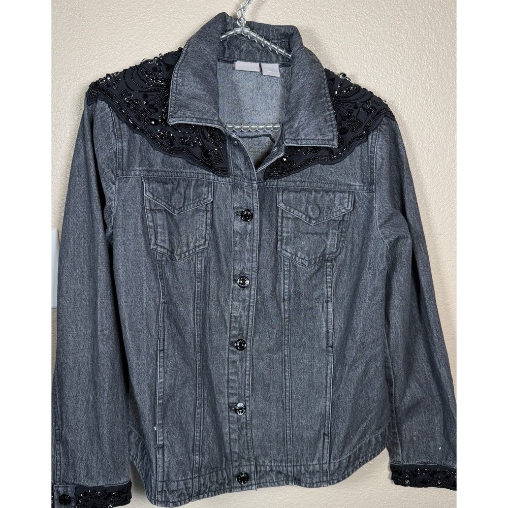 Chico's Size 2 Black Denim Jacket Beaded Embellished Western Boho 100%‎ Cotton